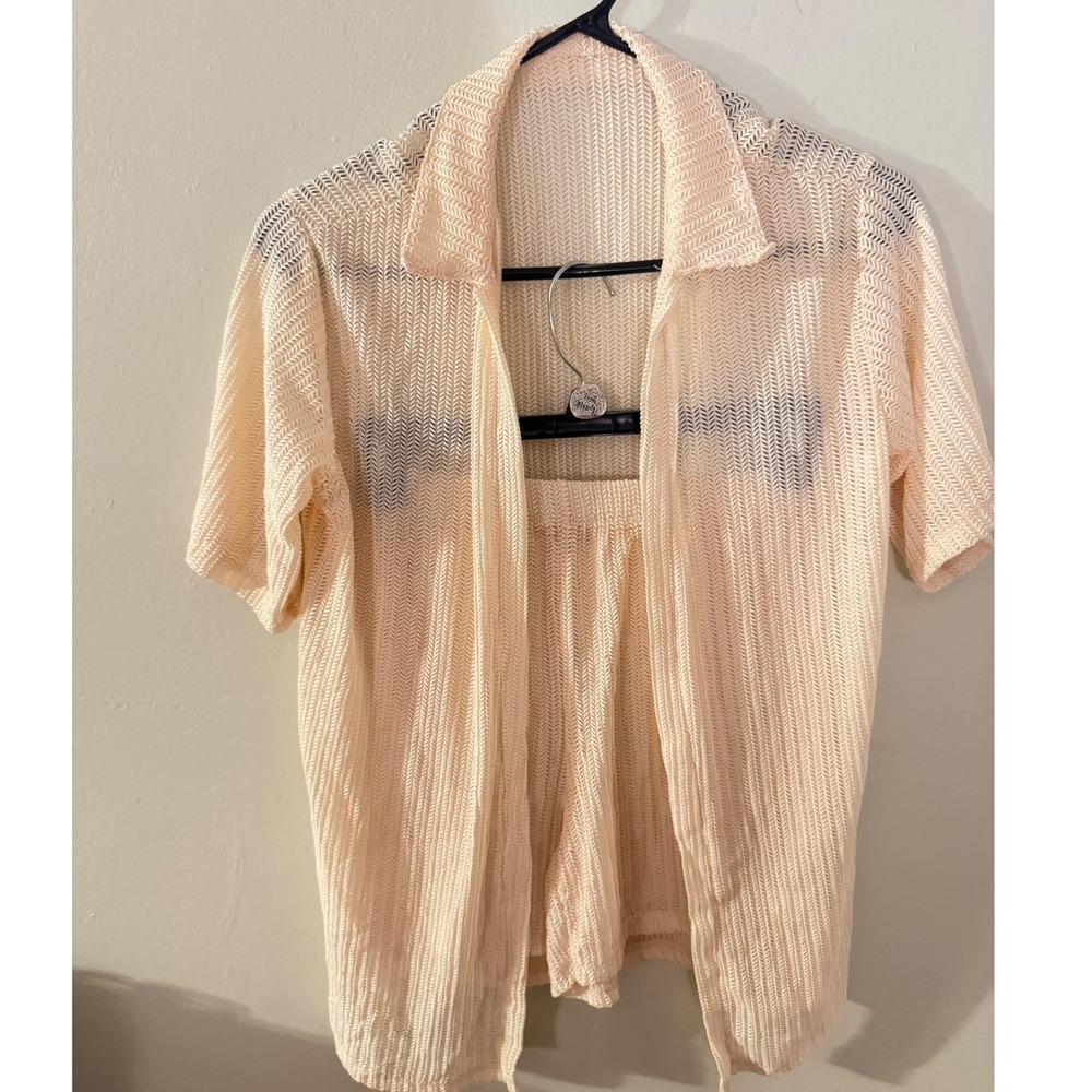 Peach Chevron Pointelle Knit 2 Piece Set Shirt and Shorts Cover Up Small